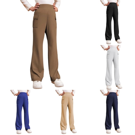 OSOLU Girls School Uniform Pants School Flare Leggings For Kids Stretchy Soft High Waisted Bootcut Pants With Pockets 5-16Y