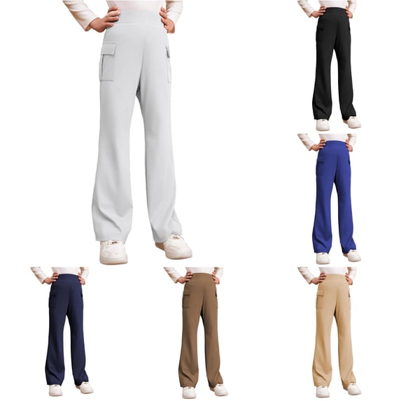 OSOLU Girls School Uniform Pants School Flare Leggings For Kids Stretchy Soft High Waisted Bootcut Pants With Pockets 5-16Y