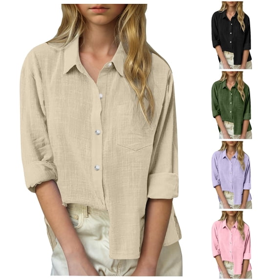 OSOLU Girls Shirt Long Sleeve Solid Color Turndown Collar Pocket Soft Loose Daily Wear Tops Beige