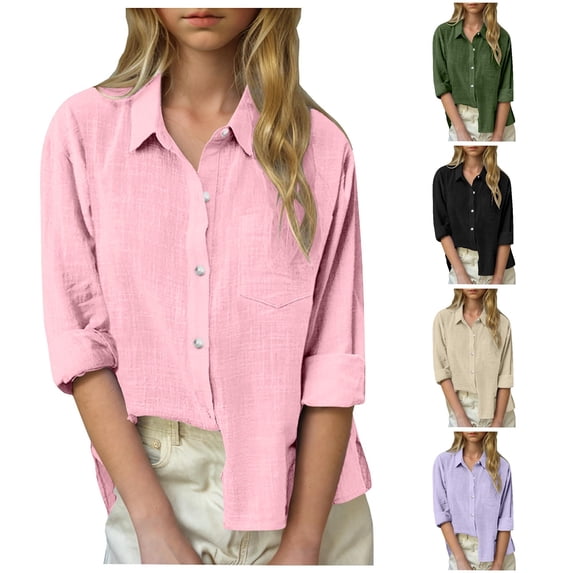 OSOLU Girls Shirt Long Sleeve Solid Color Turndown Collar Pocket Soft Loose Daily Wear Tops Pink