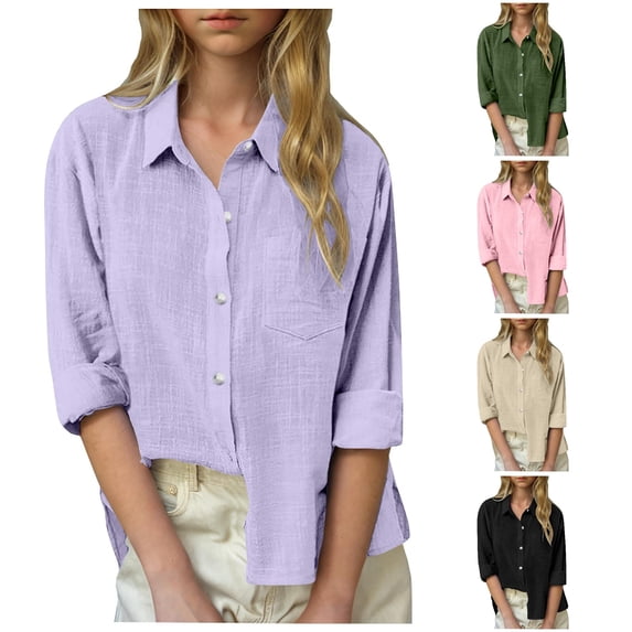 OSOLU Girls Shirt Long Sleeve Solid Color Turndown Collar Pocket Soft Loose Daily Wear Tops Purple