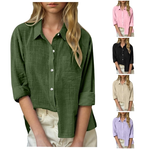 OSOLU Girls Shirt Long Sleeve Solid Color Turndown Collar Pocket Soft Loose Daily Wear Tops