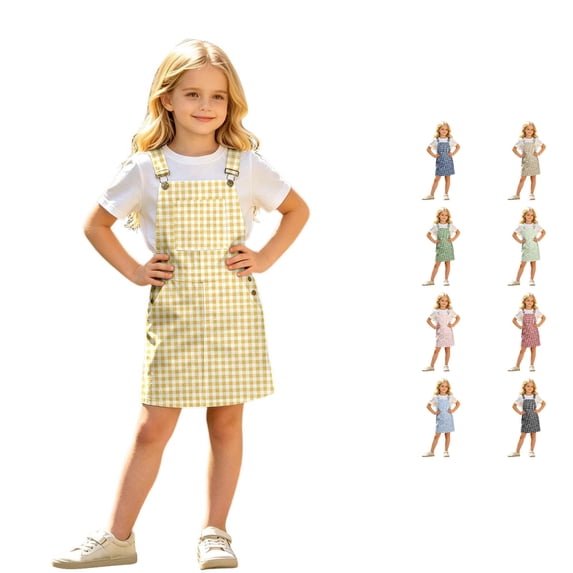 OSOLU Girls Summer Clothes Overall Dress Adjustable Straps Plaid Printed Loose Fit Suspender Dress With Pockets For Kids 4-13Y