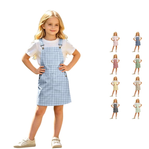 OSOLU Girls Summer Clothes Overall Dress Adjustable Straps Plaid Printed Loose Fit Suspender Dress With Pockets For Kids 4-13Y