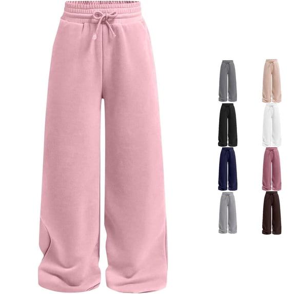 OSOLU Girls Sweatpants Wide Leg Drawstring Jogger Pants Elastic Waistband Athletic Palazzo With Pockets For Running Workout 5-14Y