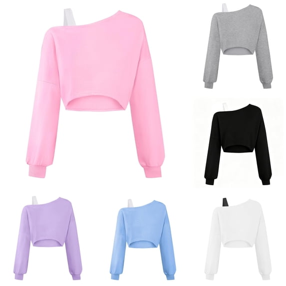 OSOLU Girls Sweatshirt Off Shoulder Long Sleeve Solid Color Short Cropped Layering Tops Pink