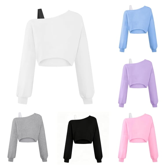 OSOLU Girls Sweatshirt Off Shoulder Long Sleeve Solid Color Short Cropped Layering Tops White