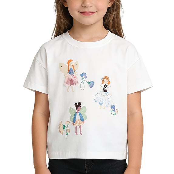 OSOLU Girls T-Shirt Crew Neck Cartoon Fairy Girl Flower Print Short Sleeve Simple Basic Girls Summer Playwear Tops White