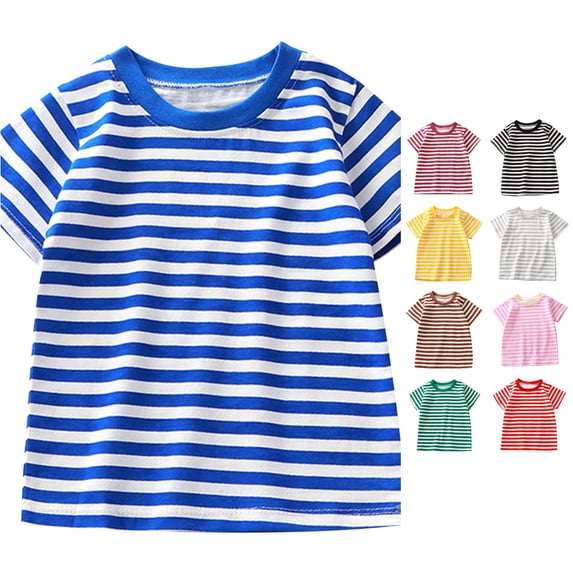 OSOLU Girls T-Shirt Crew Neck Short Sleeve Horizontal Striped All Over Print Soft Casual Tops Blue