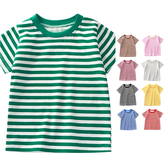 OSOLU Girls T-Shirt Crew Neck Short Sleeve Horizontal Striped All Over Print Soft Casual Tops Green
