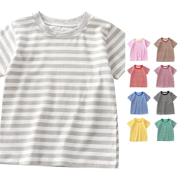 OSOLU Girls T-Shirt Crew Neck Short Sleeve Horizontal Striped All Over Print Soft Casual Tops Grey