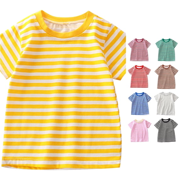 OSOLU Girls T-Shirt Crew Neck Short Sleeve Horizontal Striped All Over Print Soft Casual Tops Yellow