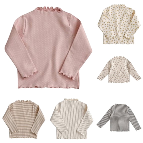 OSOLU Girls T-Shirt Long Sleeve Polka Dot Print Ruffle Half Turtleneck Kids Soft Undershirt Light Pink