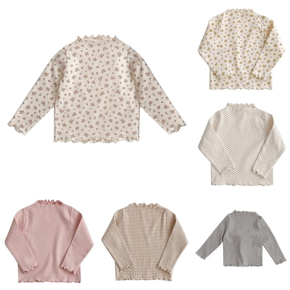 OSOLU Girls T-Shirt Long Sleeve Polka Dot Print Ruffle Half Turtleneck Kids Soft Undershirt Pink