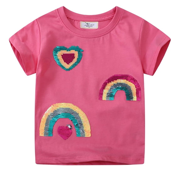 OSOLU Girls T-Shirt Short Sleeve Crew Neck Sequin Heart Rainbow Embroidery Casual Pullover Tops