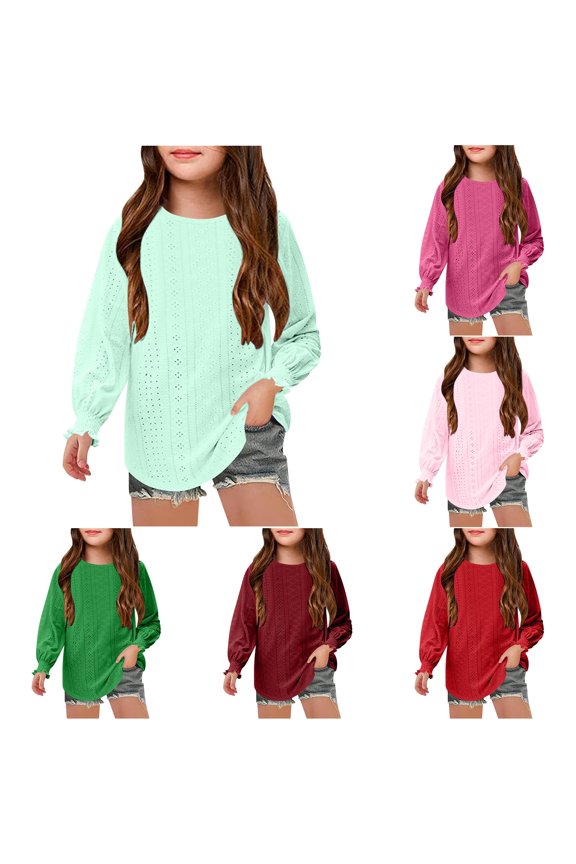 Girls T-Shirt Solid Color Long Sleeve Hollow Eyelet Stripe Ruffle Sleeve Lightweight Everyday Toddler Blouse