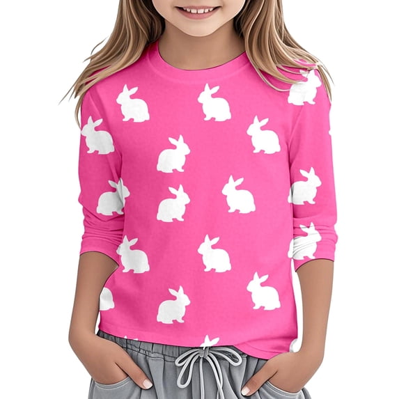 OSOLU Girls T-Shirts Easter Bunny Print Casual Tee Shirt Crew Neck Three Quarter Sleeve Soft Tops Fashion Travel Tees