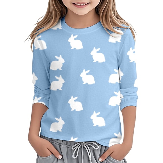 OSOLU Girls T-Shirts Easter Bunny Print Casual Tee Shirt Crew Neck Three Quarter Sleeve Soft Tops Sporty Training Tees