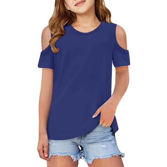OSOLU Girls T-Shirts Short Sleeve Solid Color Cute Crew Neck Cold Shoulder Tops Everyday Wear Fashion Travel Tees