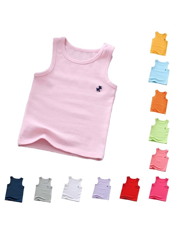 Girls Tank Top Solid Color Wide Strap Sleeveless Mini Puppy Embroidery Kids Summer Layering Tops Pink