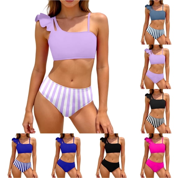 OSOLU Girls Two Piece Bikini Swimsuits Asymmetrical Shoulder Solid Color Ruffle Bathing Suit For Kids Teens 8-16Y Comfy Beachwear