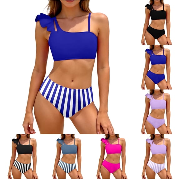 OSOLU Girls Two Piece Bikini Swimsuits Asymmetrical Shoulder Solid Color Ruffle Bathing Suit For Kids Teens 8-16Y Trendy Beachwear