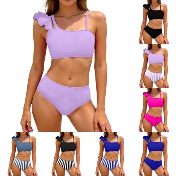 OSOLU Girls Two Piece Bikini Swimsuits Asymmetrical Shoulder Solid Color Ruffle Bathing Suit For Kids Teens 8-16Y Versatile Beachwear