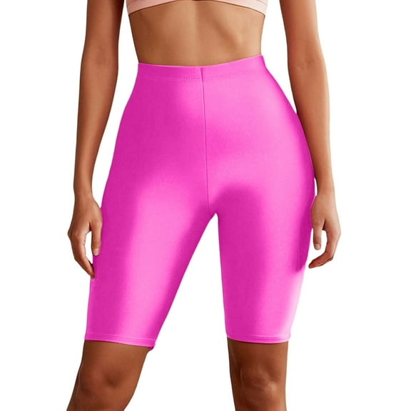 OSOLU High Waist Yoga Shorts For Women Neon Shiny Knee Length Running Shorts For Sports And Yoga Sessions Trendy Athletic Apparel Sports Soft Tummy Control Workout Athletic Gym Bottoms Hot Pink XL