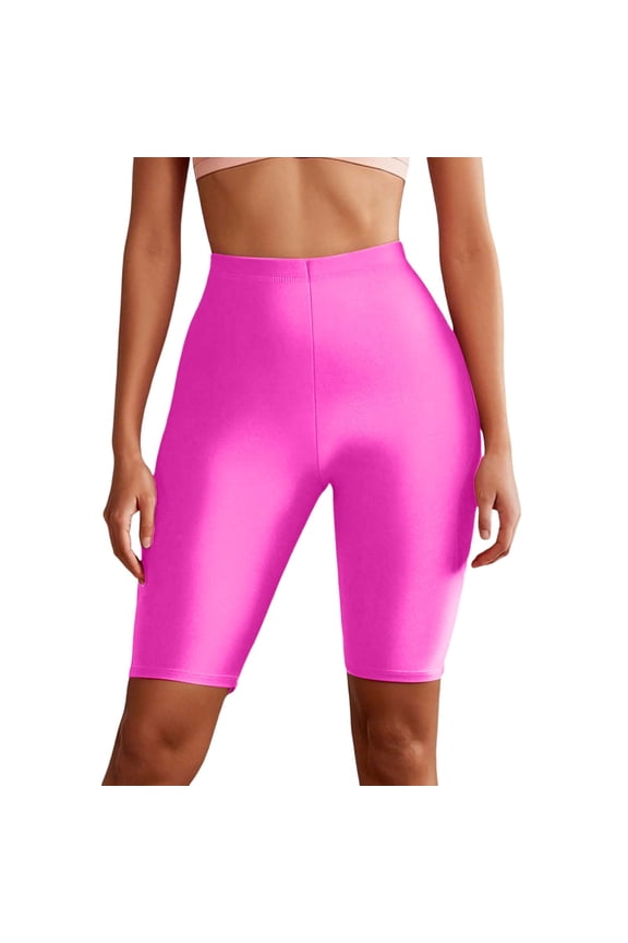 High Waist Yoga Shorts For Women Neon Shiny Knee Length Running Shorts For Sports And Yoga Sessions Trendy Athletic Apparel Sports Soft Tummy Control Workout Athletic Gym Bottoms Hot Pink L