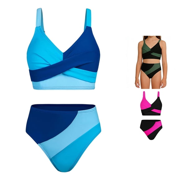 OSOLU High Waisted Bikini Set For Girls 2 Piece Swimsuits Twist Front Color Block Kids Teens Girl Bathing Suit 7-16Y Soft Beachwear