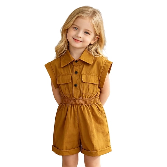 OSOLU Kids Girls Rompers Sleeveless Solid Color Button Up Lapel One Piece Short Jumpsuit Summer Casual Outfit 2-13Y