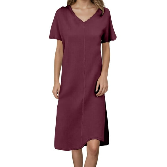 OSOLU Linen Dress Women Mi Long Casual Dresses Short Sleeve Solid Color Dresses Women Online V-Neck Loose Tunic Vintage Beach Dress Big Size Trendy Sundress Wedding Guest Dress
