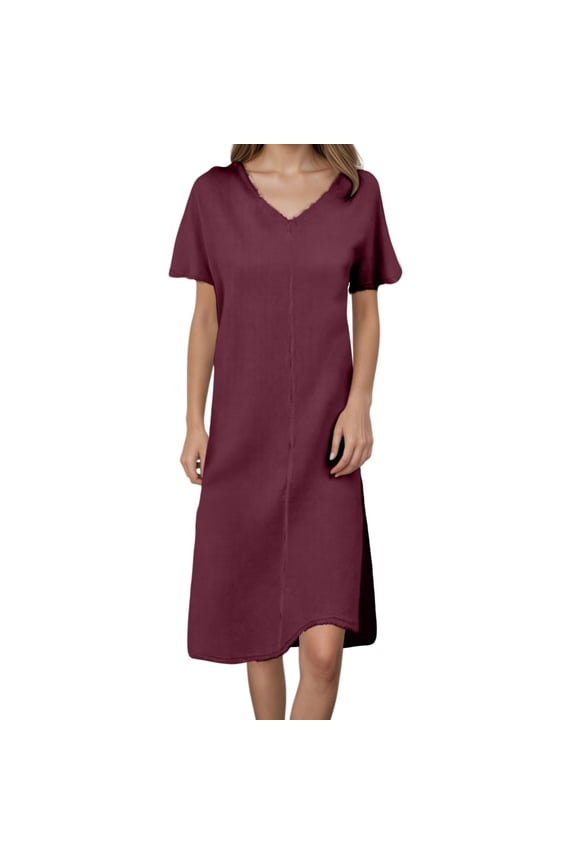 Linen Dress Women Mi Long Casual Dresses Short Sleeve Solid Color Dresses Women Online V-Neck Loose Tunic Vintage Beach Dress Big Size Trendy Sundress Wedding Guest Dress