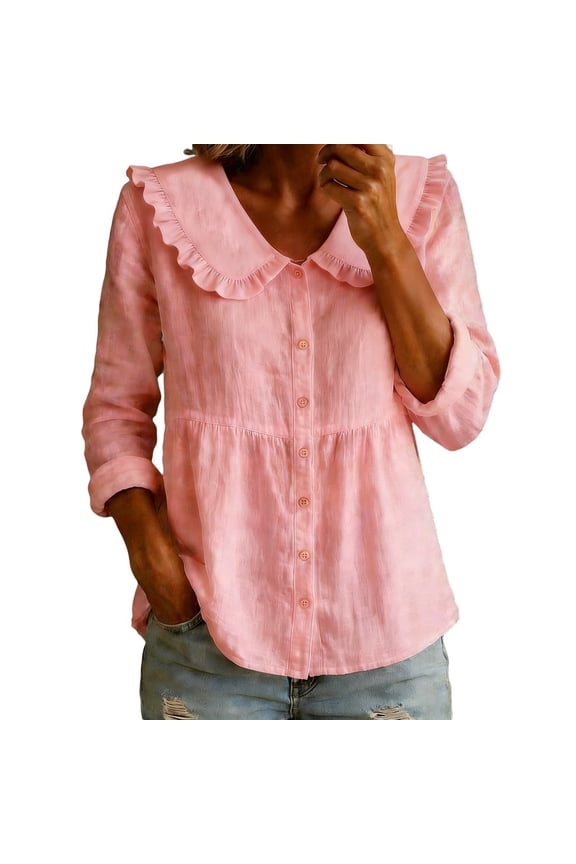 Long Sleeve Shirts For Women Button Up Shirts Breathable Linen Ruffle Peter Pan Collar Loose Fit Solid Color Blouses Versatile Tops