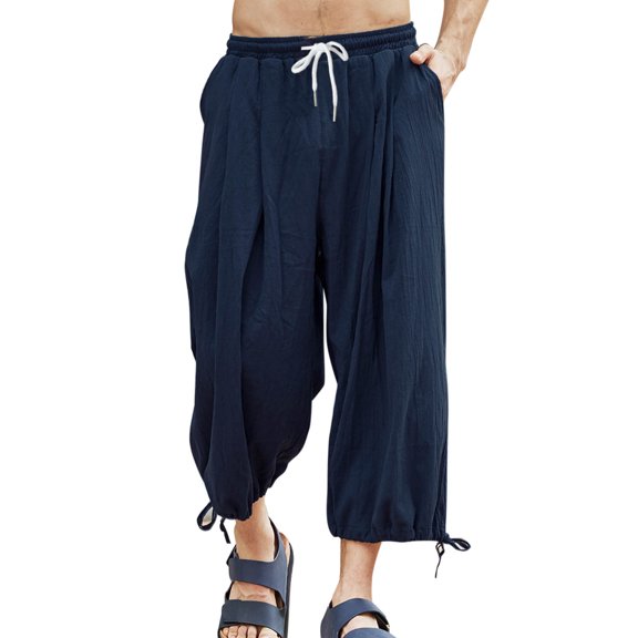 OSOLU Men Casual Solid Color Cropped Pants Drawstring Pocket Lace Up Hem Pant Loose Trouser Legs Trousers Daily Relaxed Fit Breathable Bottoms