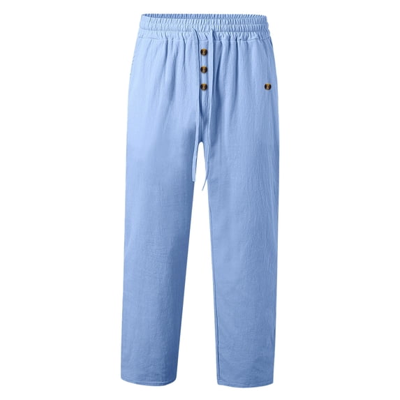OSOLU Men's Autumn Beach Pants Solid Color Cott On Linen Loose Drawstring Button Casual Pants Men Trousers Daily Relaxed Fit Breathable Bottoms