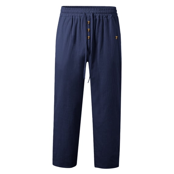 OSOLU Men's Autumn Beach Pants Solid Color Cott On Linen Loose Drawstring Button Casual Pants Men Trousers Daily Relaxed Fit Breathable Bottoms