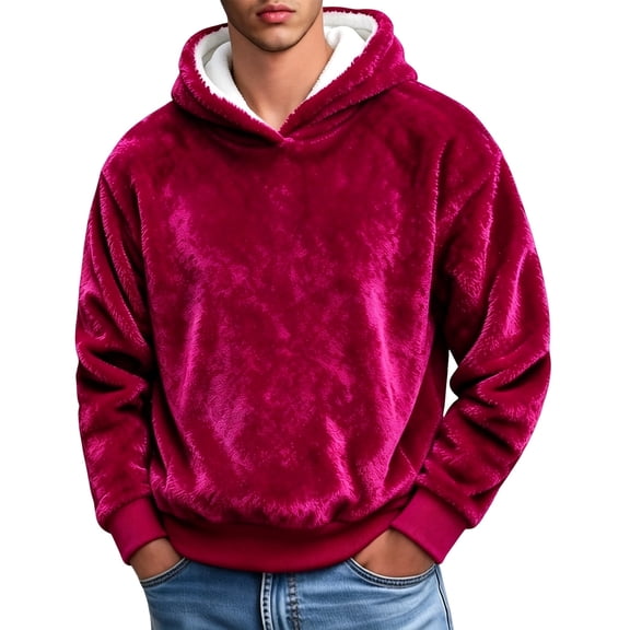 OSOLU Men's Christmas Hoodie Long Sleeve Winter Warm Thermal Flannel Pullover Casual Thickened Outerwear, Hot Pink