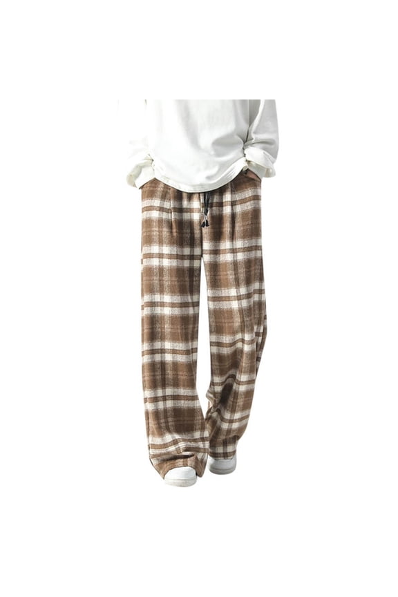 Men's Pants Autumn Winter Plaid Woolen Pants Loose Fit Wide Leg Warm Long Slacks Travel Elegant Trousers
