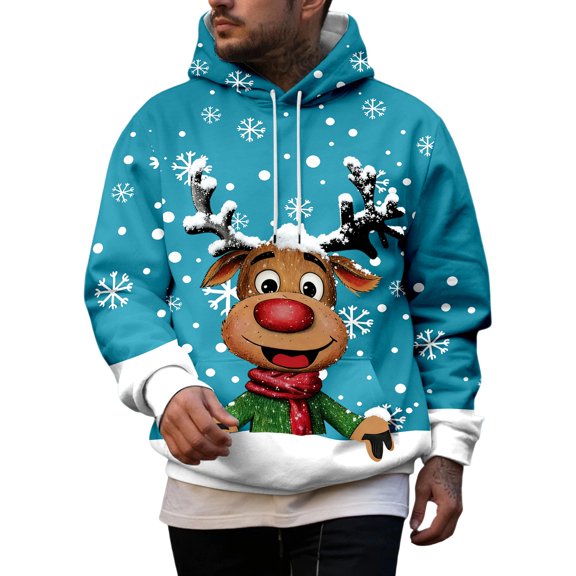 OSOLU Men's Pullover Hoodie Long Sleeve Christmas Reindeer Graphic With Pocket Holiday Comfort Sweatshirt, Sky Blue