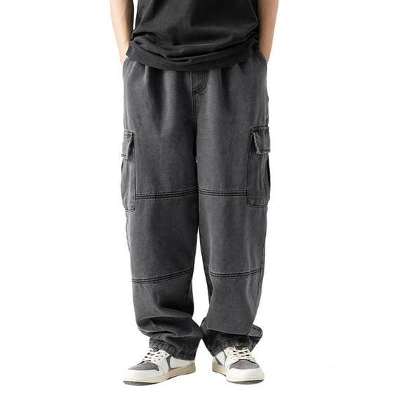 OSOLU Mens Double Solid Color Pocket Jeans Spring New Vintage Worn Washable Workwear Pants Trousers Fashionable Classic Leisure Bottoms