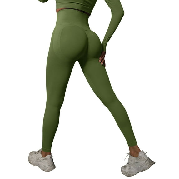 OSOLU New Knitted Seamless Push Up Tight Yoga Pants For Women High Waist And Show Running And Fitness Pants Workout Stretchy Running Tummy Control Joggers Bottoms Army Green L