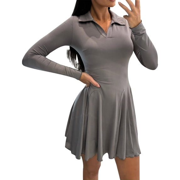 OSOLU New Solid Color Comfortable Casual Waist Long Sleeve Lapel Dress Women Versatile Sundress Flowy 2025 Elegant Classy Dresses