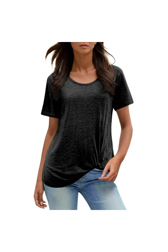 O-Neck Short Sleeve Casual T-Shirt Tshirts Tee For Women With Knot Detail Solid Color Relaxed Fit Tops Classic Dailywear