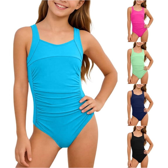 OSOLU One Piece Swimsuit Girls Athletic Swimwear Wide Straps Pleated Solid Color Full Coverage Bathing Suit For Kids Teens 6-16Y Comfy Beachwear