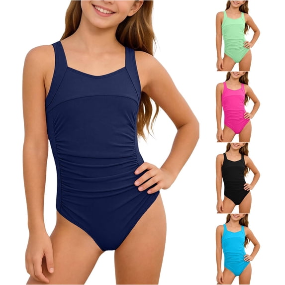 OSOLU One Piece Swimsuit Girls Athletic Swimwear Wide Straps Pleated Solid Color Full Coverage Bathing Suit For Kids Teens 6-16Y Versatile Beachwear