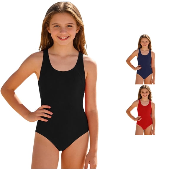 OSOLU One Piece Swimsuit Girls Racerback Athletic Swimwear Wide Straps Solid Color Padded Bathing Suit For Kids Teens 7-16Y Trendy Beachwear
