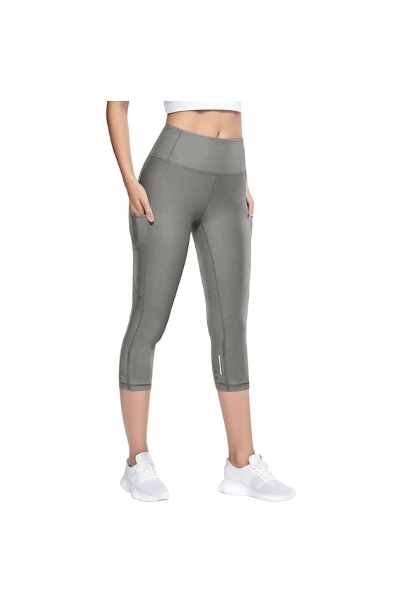 Quick Drying Elastic Calf Length Tight Women's Reflective Pants Yoga Pants Workout Stretchy Running Tummy Control Joggers Bottoms Grey S