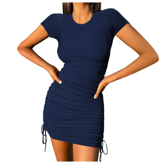 OSOLU Round Dress Short Women Neck Mini Drawstring Solid Color Dress Pleated Sleeve Color Women Dress Boho Sundress Dresses For Women 2025 Elegant Classy