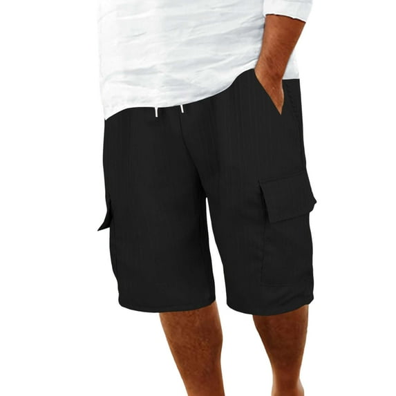 OSOLU Shorts Men's Summer Linen Shorts With Large Pockets Beach Shorts Plain Striped Sport Short Linen Trousers Stretch Lightweight Summer Shorts Loose Fit Short Casual Trousers Daily Bottoms